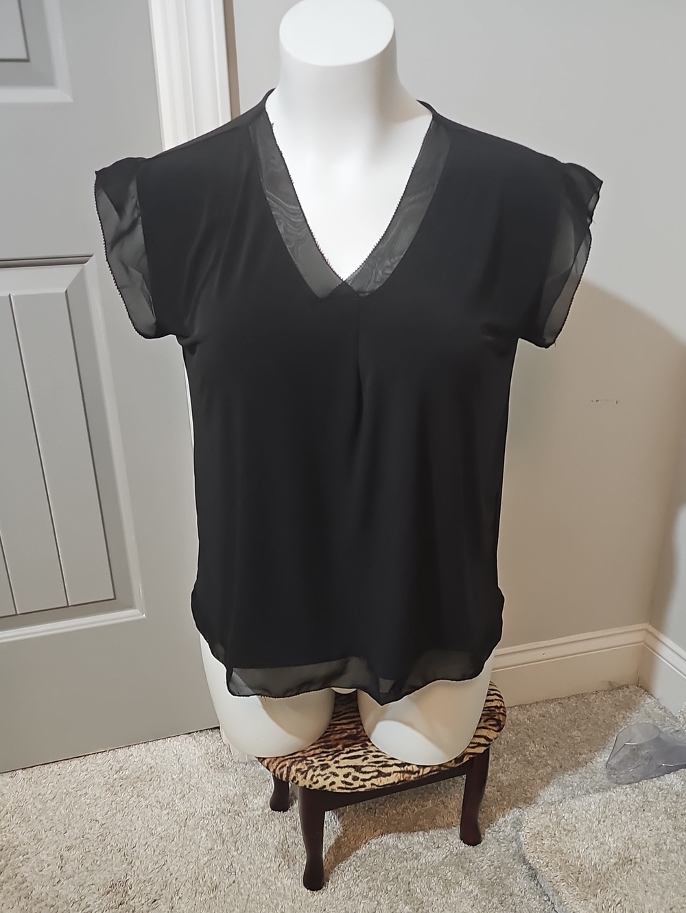 Cato Black V-Neck Sheer-Trim Blouse